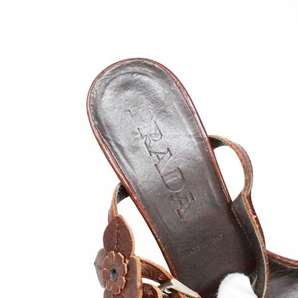 PRADA #41545-R Brown Leather Flower Heeled Sandals (US 6 EU 36) - Picture 6 of 9